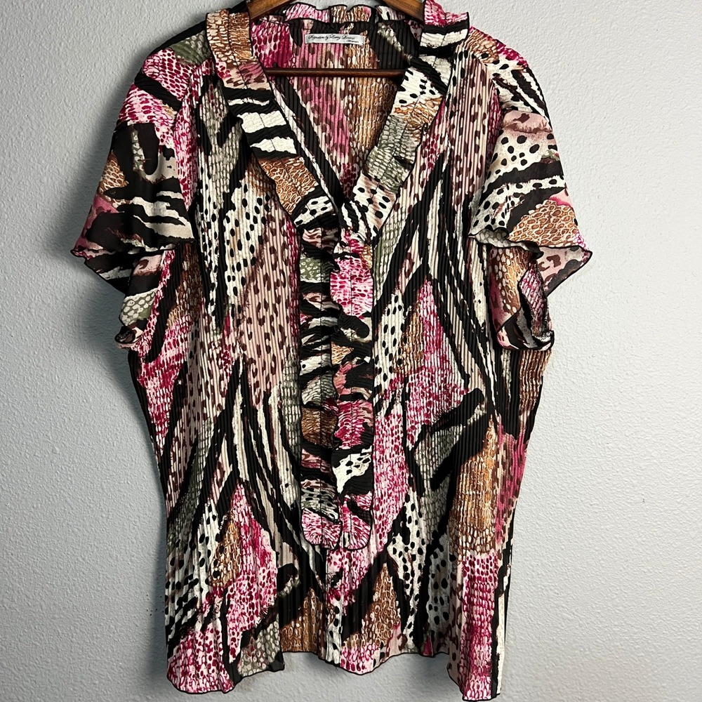 Signature by Larry Levine Animal Print Crinkle Pleated Ruffle Blouse Top Plus 3X